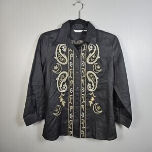 Richard Malcolm‎ Linen Embroidered Paisley Button Shirt Black Gold Women’s M